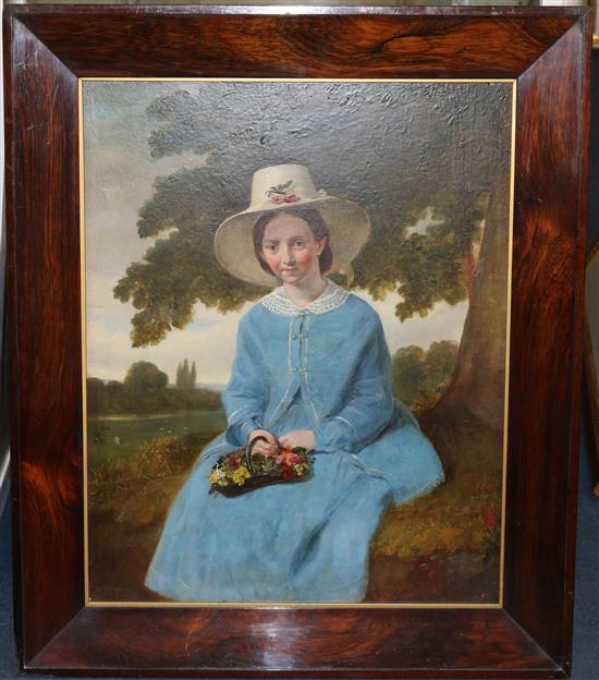 19th century American School Portrait of a young woman seated in a landscape, 22 x 17.5in.